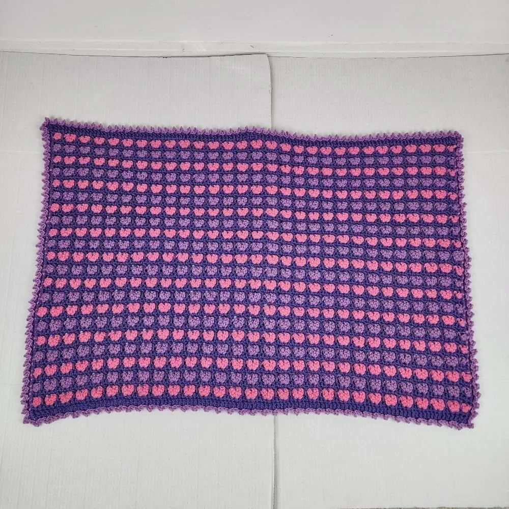 New Handmade Crochet Heart Lap Blanket Purple & Pink Ombre Hearts Throw
